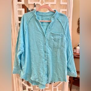 Aerie aqua 100% cotton oversized button down with two minor stains pictured